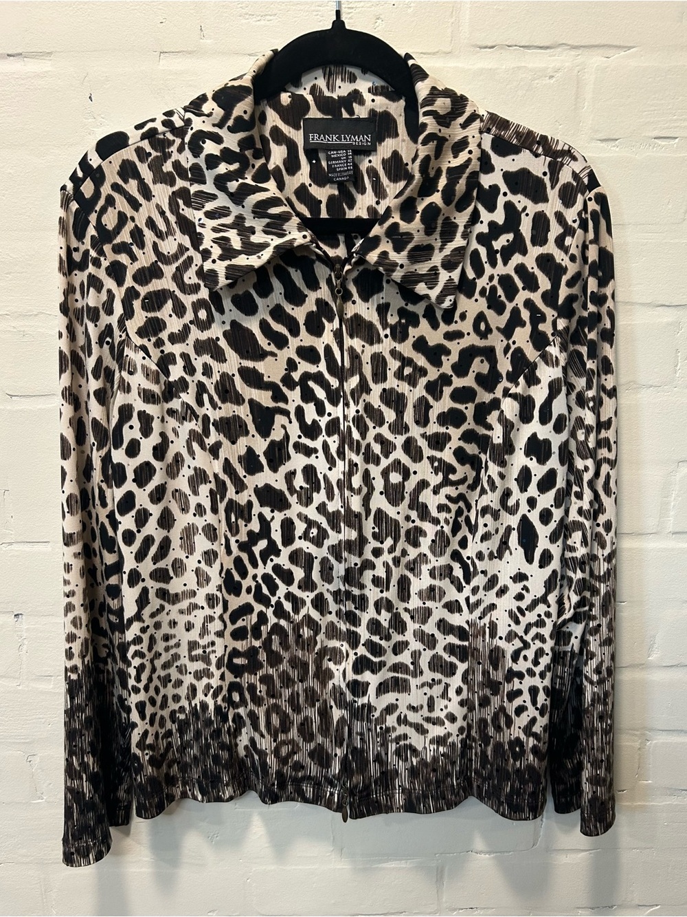 Frank Lyman Design Brown & Cream Sequined Animal-Print Zip Front Blouse Size 14